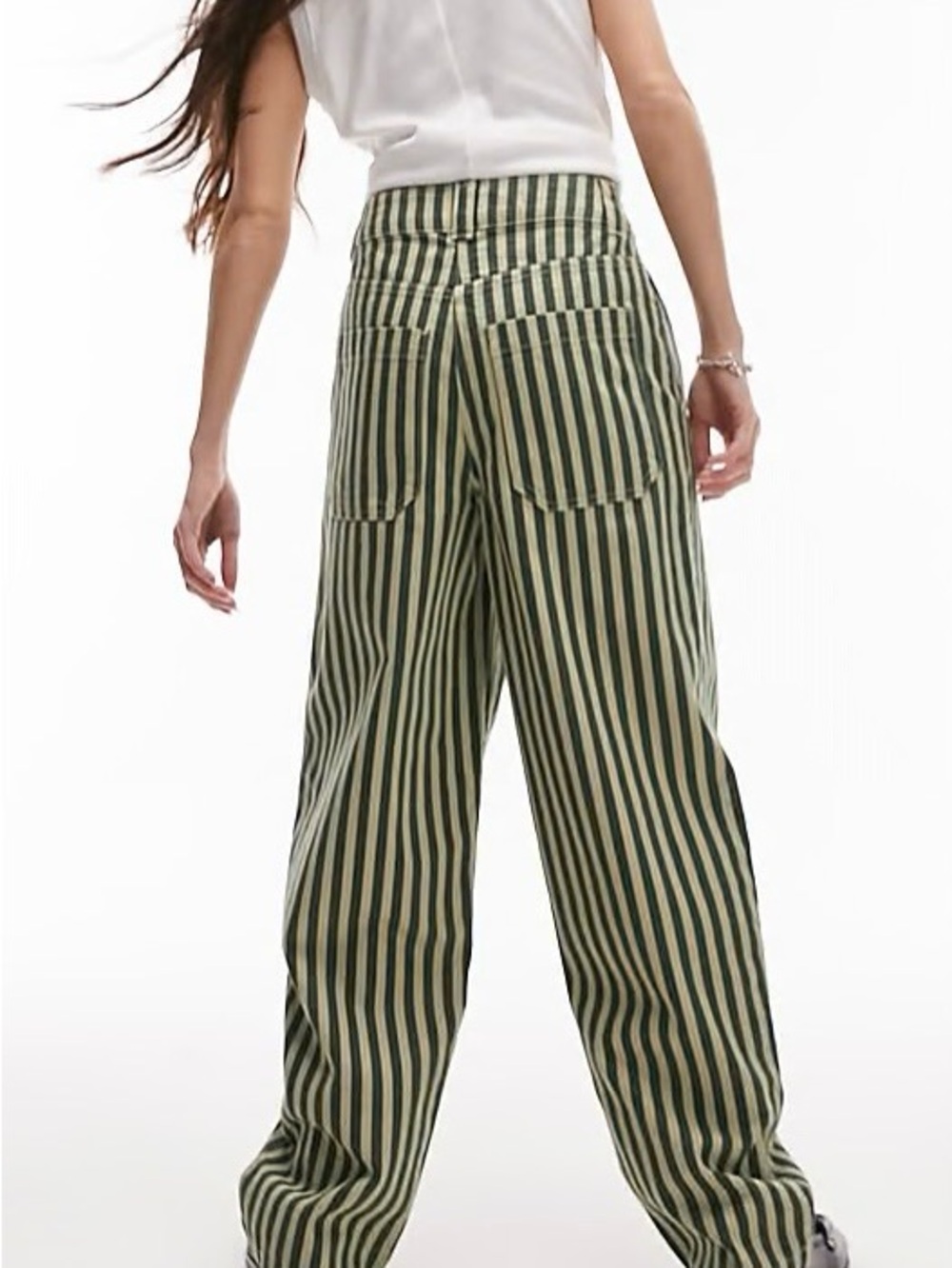 Topshop pinstripe banana wide leg pants in khaki - size 10 - Picture 2 of 13